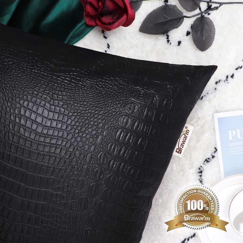 BRAWARM Faux Leather Pillow Covers 16 X 16 Inches, Black Leather Pillow Covers Pack of 2, Crocodile Leather Decorative Throw Pillows for Living Room Couch Bed Sofa Home - Image 5